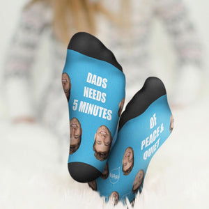 Custom Face Socks Add Pictures And Name Father's Day Gift - Dad Needs 5 Minutes Of Peace & Quiet