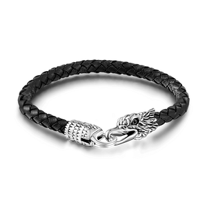 Eagle Black Woven Leather Silver Bracelet For Men - MadeMineAU
