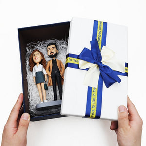 Wedding Couple Sitting Holding Laptop Custom Bobblehead with Engraved Text - MadeMineAU