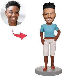 AU Sales-Custom Blue Shirt Casual Wear Dark Complexion Woman Bobbleheads With Engraved Text Gift For Her