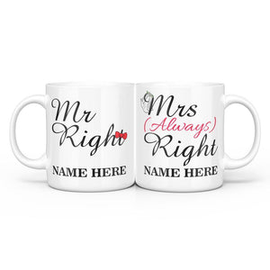 Mr and Mrs Right Lover Couple Mug Set with Names Print Both Sides - MadeMineAU