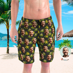 Custom Face Beach Shorts Men's Photo Swim Trunks Men's Gifts - Green And White Flower