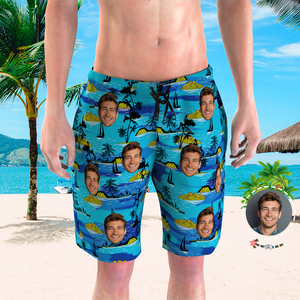 Custom Face Beach Shorts Men's Photo Swim Trunks Men's Gifts - Tropical Island