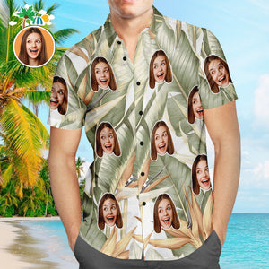 Custom Face Hawaiian Shirt Green Plants Men's Popular All Over Print Hawaiian Beach Shirt Holiday Gift