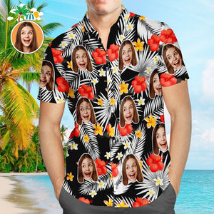Custom Face Hawaiian Shirt Red Flower Men's Popular All Over Print Hawaiian Beach Shirt Holiday Gift