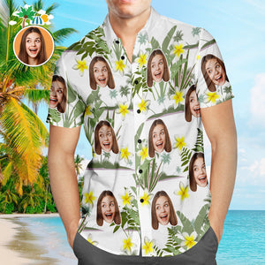 Custom Face Hawaiian Shirt Yellow Flower Men's Popular All Over Print Hawaiian Beach Shirt Holiday Gift