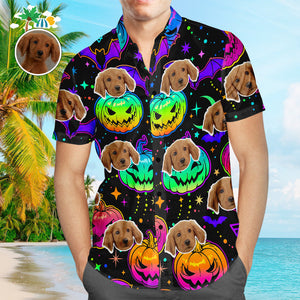 Custom Face Hawaiian Shirt Vintage Halloween Pumpkins Men's Popular All Over Print Bright Multicolored Pumpkins And Bats Hawaiian Beach Shirt Holiday Gift