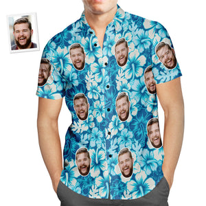 Custom Face Hawaiian Shirt Blue Hibiscus Flowers Men's Popular All Over Print Hawaiian Beach Shirt Holiday Gift
