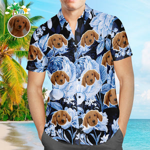 Custom Face Hawaiian Shirt Tropical Blue Retro Flower Men's Popular All Over Print Hawaiian Beach Shirt Holiday Gift