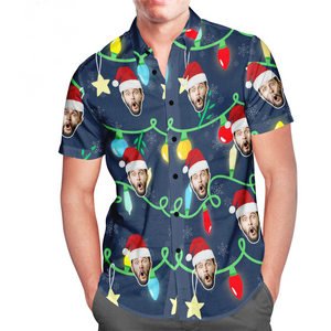 Custom Face Men's All Over Print Christmas Lights Hawaiian Shirt Christmas Gift