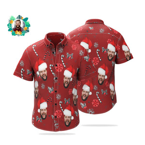 Custom Face Hawaiian Shirt Personalised Photo Christmas Shirts With Candy Canes For Men - MyHawaiianShirtsAU