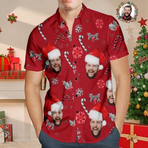 Custom Face Hawaiian Shirt Personalised Photo Christmas Shirts With Candy Canes For Men - MyHawaiianShirtsAU