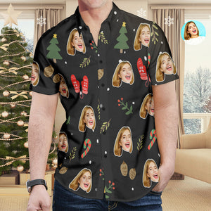 Custom Face All Over Print Christmas Hawaiian Shirt Christmas Gloves Crutch Shirt Gift for Him - MyHawaiianShirtsAU