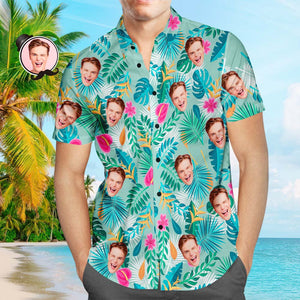 Custom Face Hawaiian Shirt Teal Leaves Beach Shirt Creative Gift for Men - MademineAU