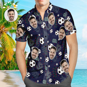 Custom Face Soccer Pattern Hawaiian Shirt Green Plants Beach Shirt for Soccer Lovers - MademineAU