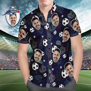 Custom Face Soccer Pattern Hawaiian Shirt Green Plants Beach Shirt for Soccer Lovers - MademineAU