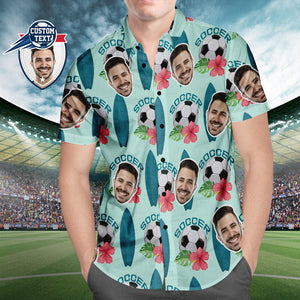Custom Face Soccer Pattern Hawaiian Shirt Surfing Summer Hibiscus Beach Shirt for Soccer Lovers - MademineAU
