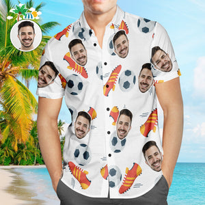 Custom Face Soccer Pattern Hawaiian Shirt Shoes Icon Beach Shirt for Soccer Lovers - MademineAU