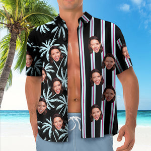 Custom Face Coconut Tree Pattern Hawaiian Shirt Personalized Striped Hawaiian Shirt - MadeMineAU