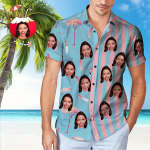 Custom Face Striped Hawaiian Shirt Pink Flamingo Pattern Hawaiian Shirt - MadeMineAU