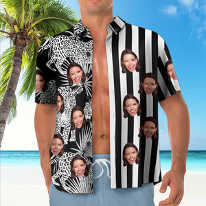 Custom Face Black Striped Hawaiian Shirt Leopard Pattern Hawaiian Shirt - MadeMineAU