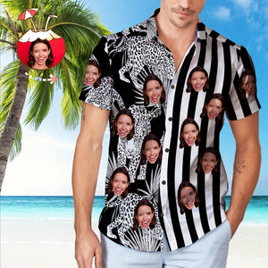 Custom Face Black Striped Hawaiian Shirt Leopard Pattern Hawaiian Shirt - MadeMineAU