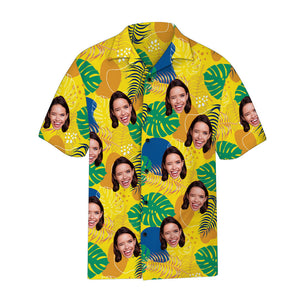 Custom Face Yellow Hawaiian Shirt Leaves Pattern Hawaiian Shirt for Him - MadeMineAU