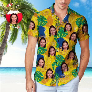 Custom Face Yellow Hawaiian Shirt Leaves Pattern Hawaiian Shirt for Him - MadeMineAU