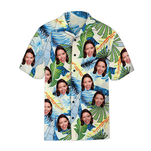 Custom Face Hawaiian Shirt Blue Green Leaves Pattern Hawaiian Shirt - MadeMineAU
