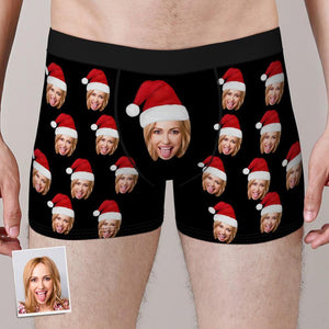 Custom Face Boxers Shorts with Christmas hat Personalised Photo Underwear Best Gift for Christmas