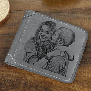 Custom Men's Photo Engraved Wallet Grey Leather Gift For Men
