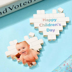 Custom Building Brick Puzzle Engraving Personalized Heart Shaped Photo Block Gift For Children's Day - myspotifyplaque