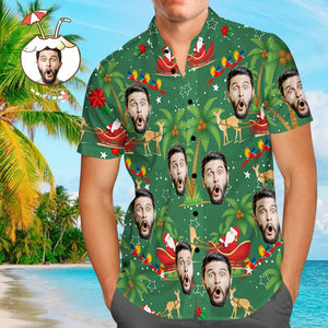 Custom Face Shirt Personalized Photo Men's Hawaiian Shirt Christmas Gift - Santa and Elk