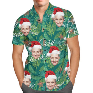 Custom Face Personalized Merry Christmas Hawaiian Shirt All Over Print Leaves