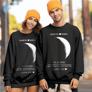 Custom Moon Phase Round Neck Unisex Sweatshirt Personalized Names Crewneck Sweatshirts Valentine's Day Gifts for Couple - MadeMineAU