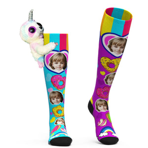 Custom Socks Knee High Face Socks Sloth Doll Colorful Donut Socks - MadeMineAU