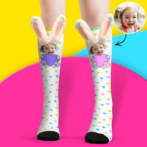 Custom Socks Knee High Face Socks 3D Plush Bunny Ears Socks - MadeMineAU