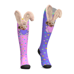 Custom Socks Knee High Face Socks 3D Bunny Ears with Pearls Socks - MadeMineAU