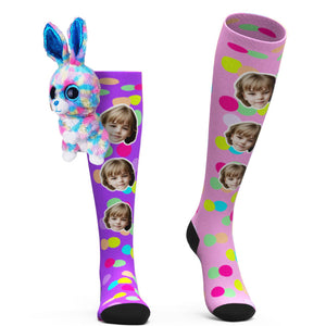 Custom Socks Knee High Face Socks Colorful Polka Dot Rabbit Doll Socks - MadeMineAU