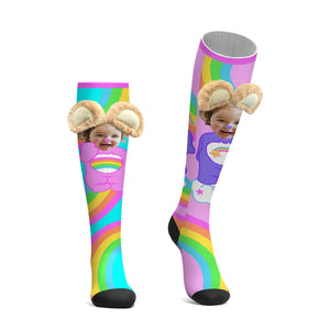 Custom Socks Knee High Face Socks 3D Plush Bear Ears Socks - MadeMineAU