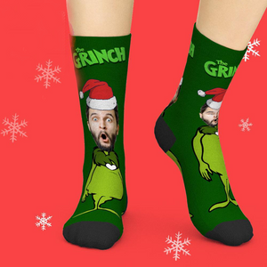 Custom Face Socks Add Pictures Christmas Photo Socks - Grinch