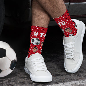 Custom Face Football Pattern Socks with Number  Personalized Soccer Socks - MademineAU