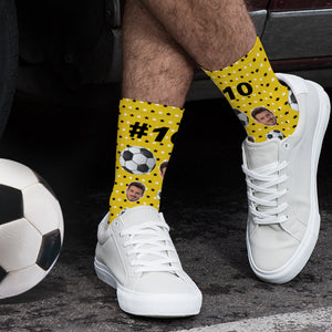 Custom Face Football Pattern Socks with Number  Personalized Soccer Socks - MademineAU