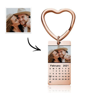 Custom Photo Keychain Calendar Keychain Silver Color with Heart Valentine's Day Gifts for Your Lover