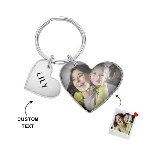 Custom Heart Photo Text Keychain with Small Heart Pendant Mother's Day Gifts