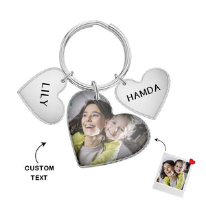 Custom Heart Photo Text Keychain with Small Heart Pendant Mother's Day Gifts