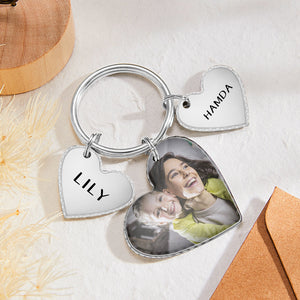 Custom Heart Photo Text Keychain with Small Heart Pendant Mother's Day Gifts