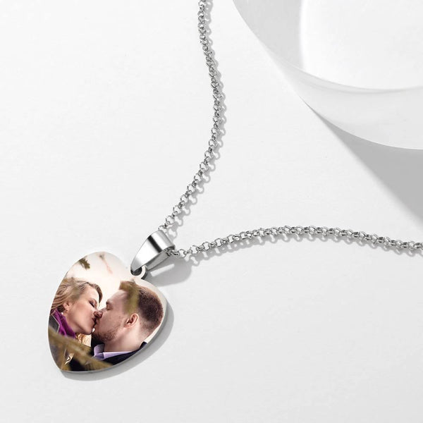 Stainless Steel Photo Heart Tag Necklace Engraved Pendant