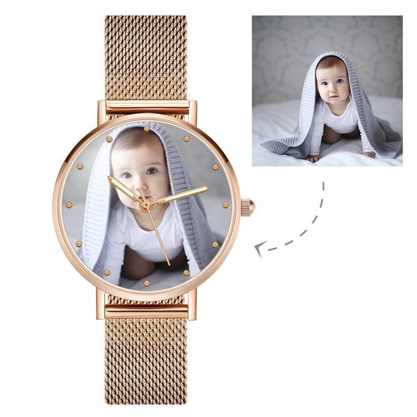 Engraved Photo Watch with Luminous Pointer Rose Gold Alloy Bracelet Photo Watch 40mm - Unisex