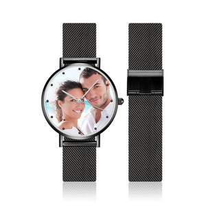 Father's Day Gift -Men's Engraved Black Alloy Bracelet Photo Watch 40mm - photowatch
